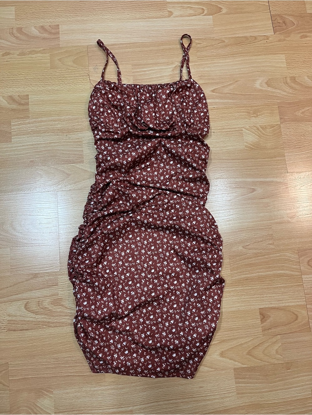 SHEIN Rust Floral Ruched Spaghetti Strap Mini Dress
